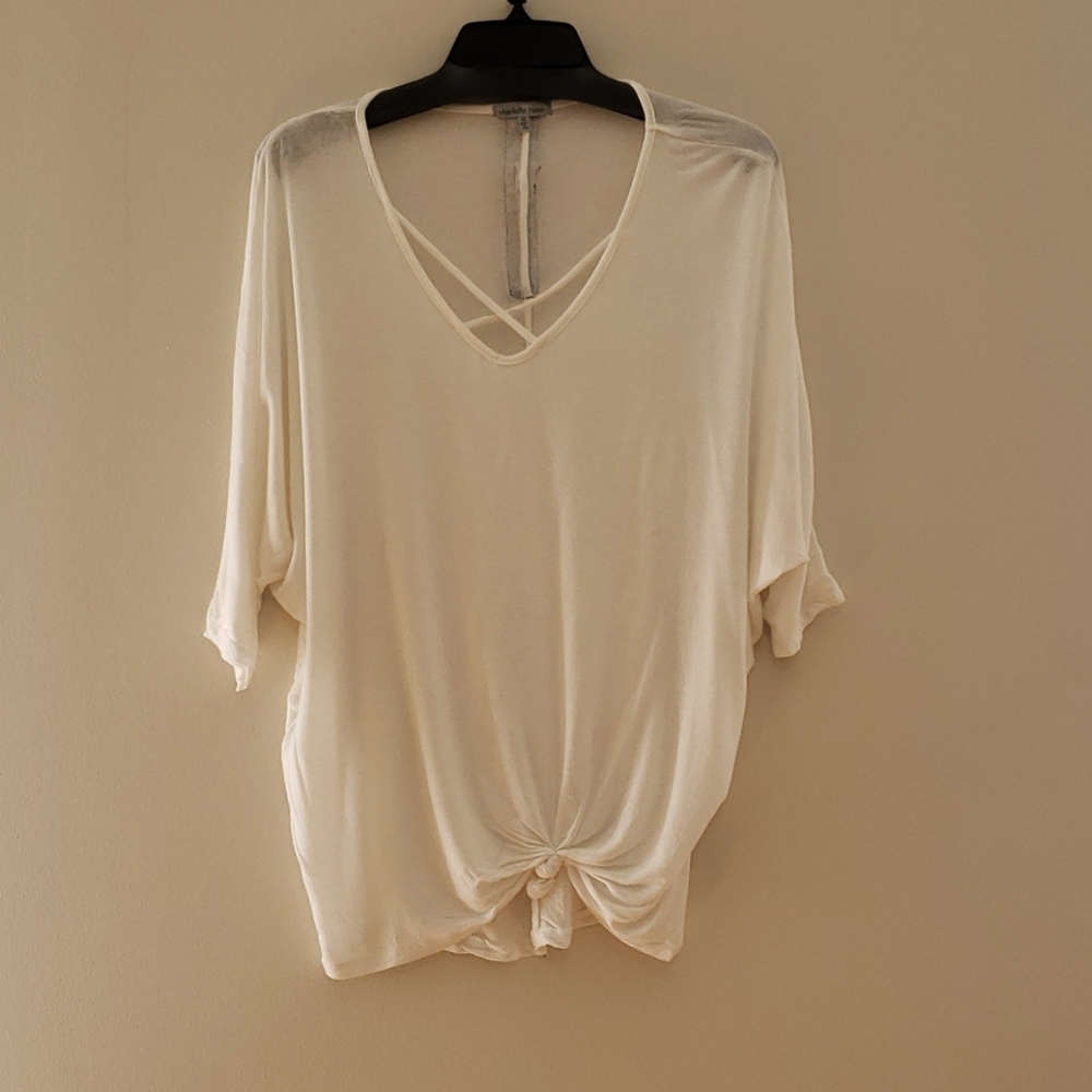 Criss cross neck cream top